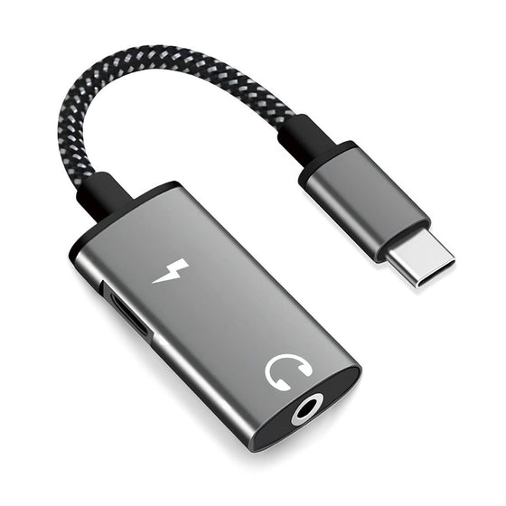 Adaptor audio 2 în 1 Techsuit AcustiCore AC22, USB-C la USB-C și jack 3,5 mm, DAC Hi-Fi, 60W – gri