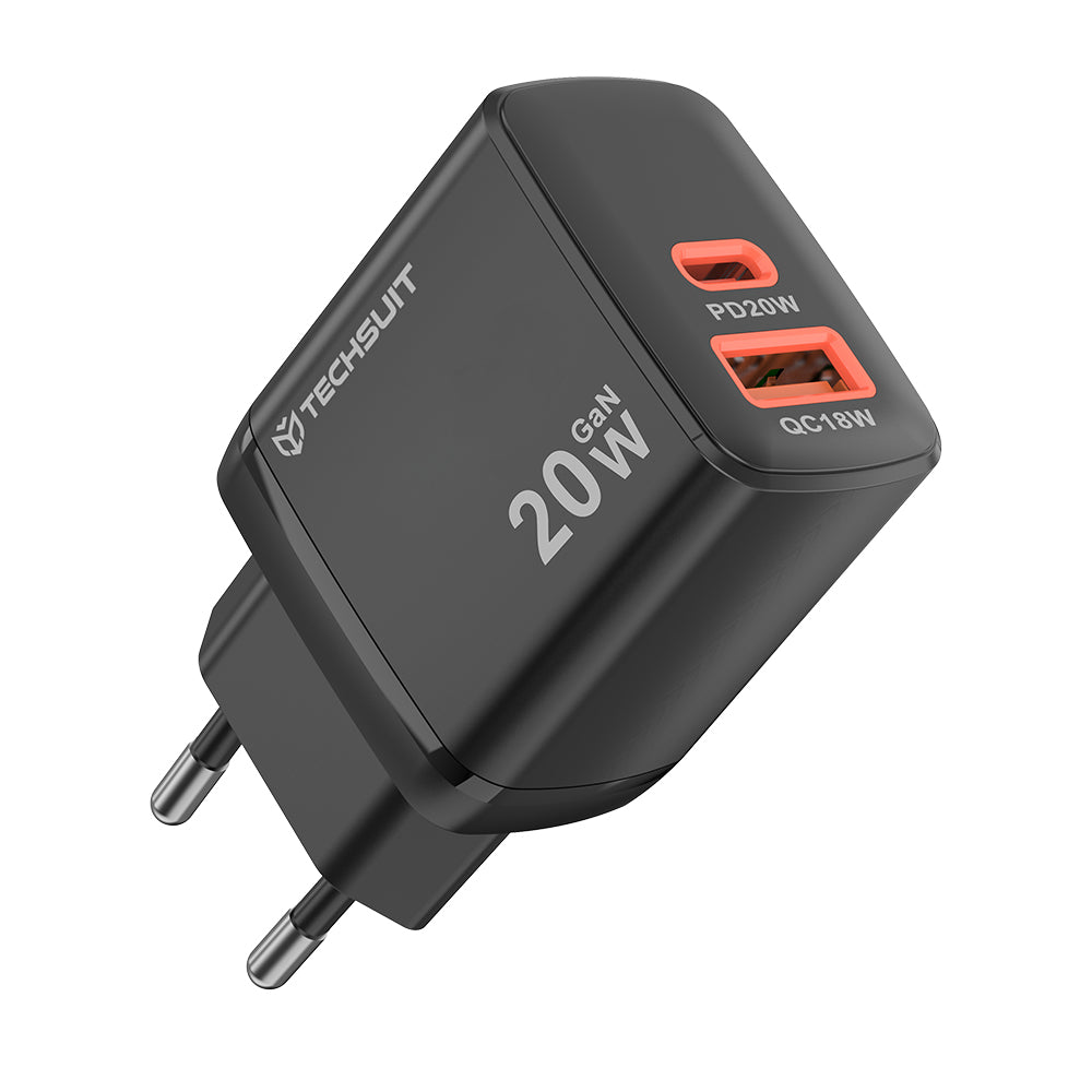Încărcător Techsuit Duonix GaN 20W, USB-C + USB-A – Negru – imagine 1