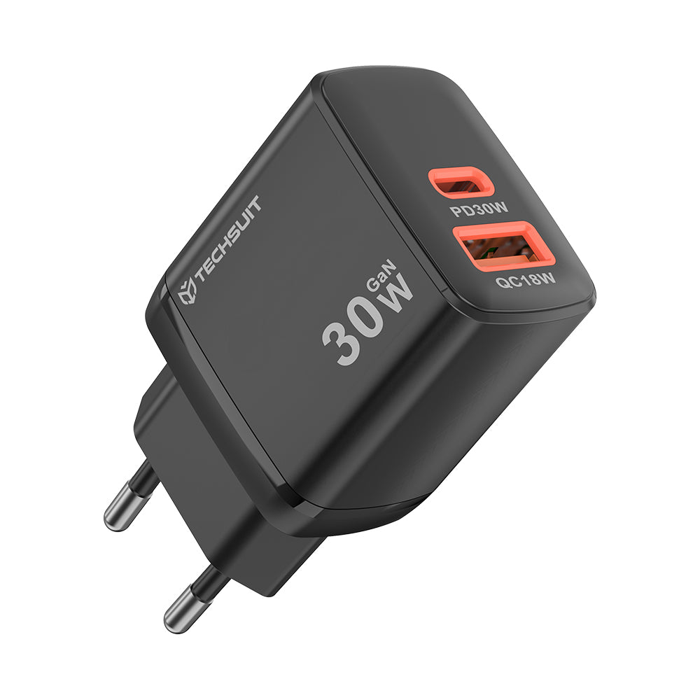 Încărcător Techsuit Duonix GaN 30W, USB-C + USB-A – Negru – imagine 1
