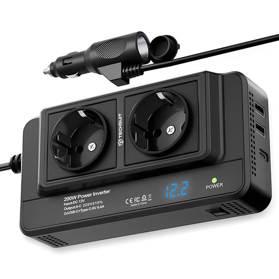 Invertor auto Techsuit PowerDriveX IA2, 12V la 220V, 200W, 2 prize, USB-C și 2 x USB-A – negru