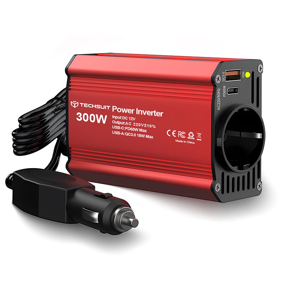 Invertor auto 12V la 220V, 300W, USB-C PD 65W, roșu – Techsuit IA1 – imagine 1