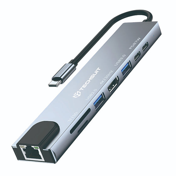Stație de andocare Techsuit NetBridge H2, USB-C 8 în 1, HDMI 4K, RJ45, 2 x USB-C, SD / TF, PD 87W – gri