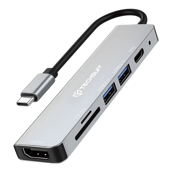 Stație de andocare Techsuit TurboChargeX H5, USB-C 6 în 1, HDMI 4K, SD / TF, PD 100W – gri