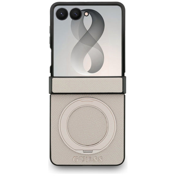 Husă Guess Ring Stand Grained Classic Logo MagSafe pentru Samsung Galaxy Z Flip8 – bej