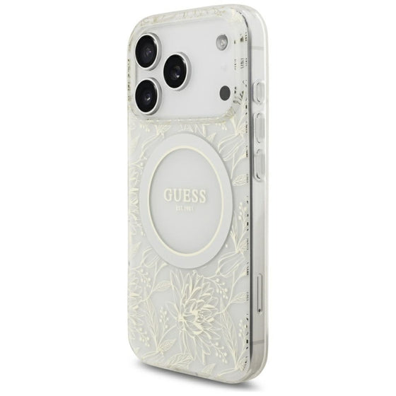 Husă Guess IML Flowers Electroplated with Pearl Strap MagSafe pentru iPhone 17 Pro / 18 Pro – alb