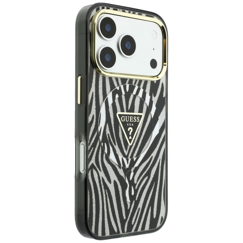 Husă Guess 17 Pro Zebra Glitter Triangle Logo, negru cu argintiu – imagine 4