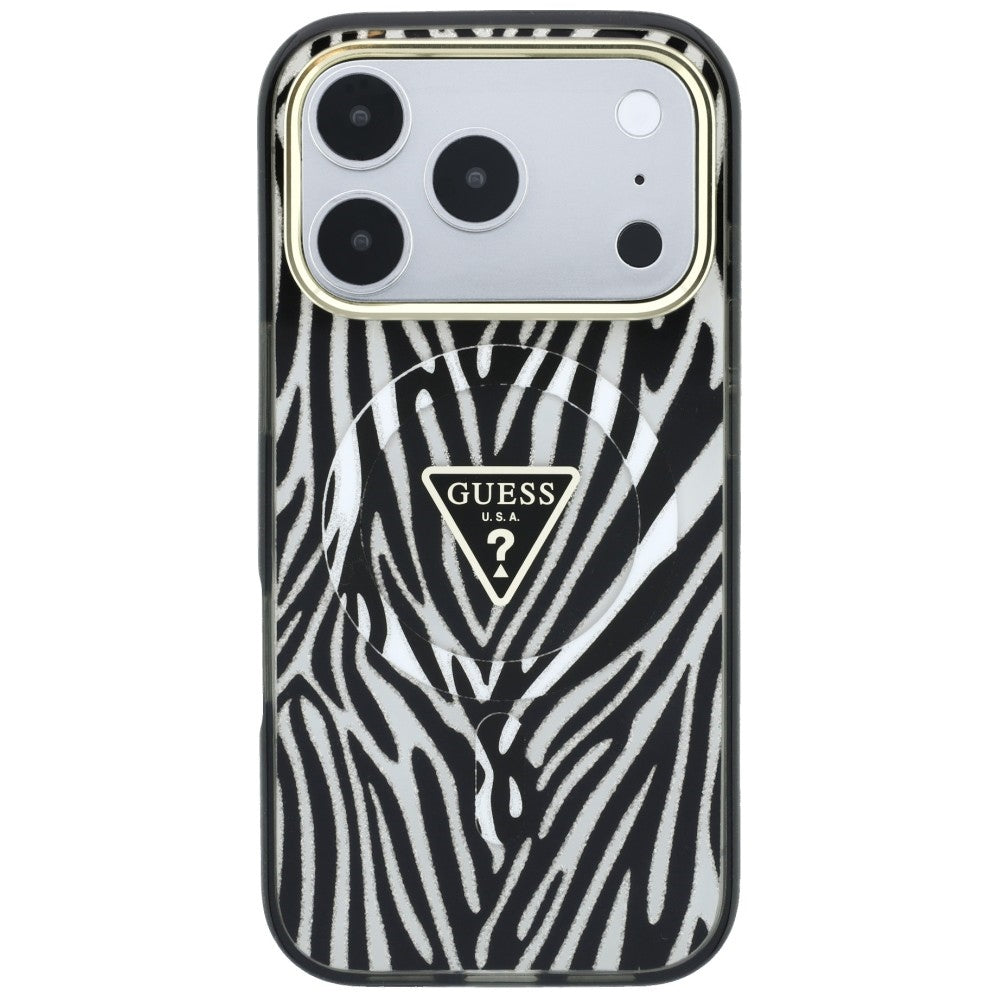 Husă Guess 17 Pro Zebra Glitter Triangle Logo, negru cu argintiu – imagine 3