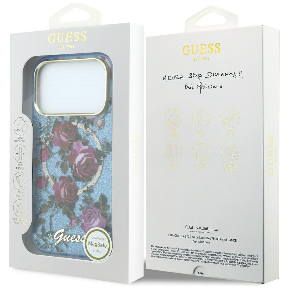 Husă Guess iPhone 17 Pro IML Glitter Blossom Roses, albastru deschis – imagine 7