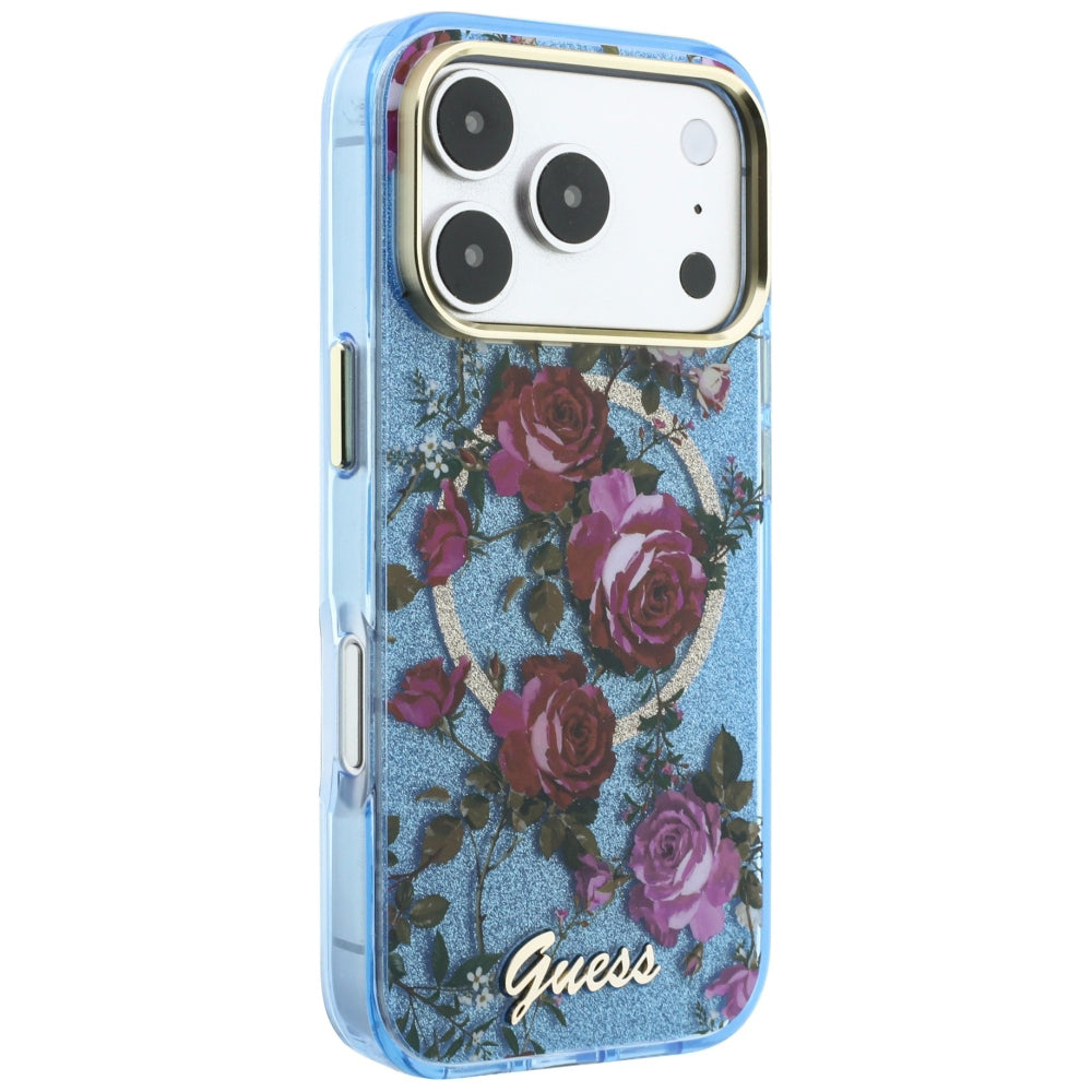 Husă Guess iPhone 17 Pro IML Glitter Blossom Roses, albastru deschis – imagine 3