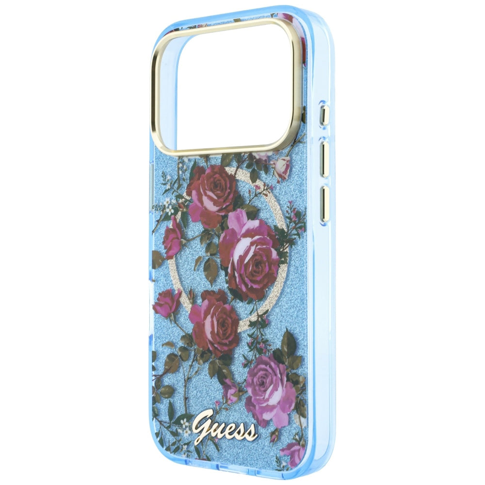 Husă Guess iPhone 17 Pro IML Glitter Blossom Roses, albastru deschis – imagine 5