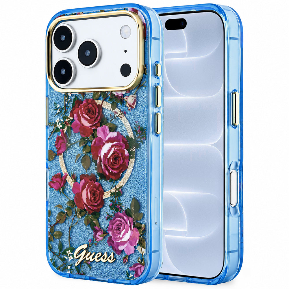 Husă Guess iPhone 17 Pro IML Glitter Blossom Roses, albastru deschis – imagine 1