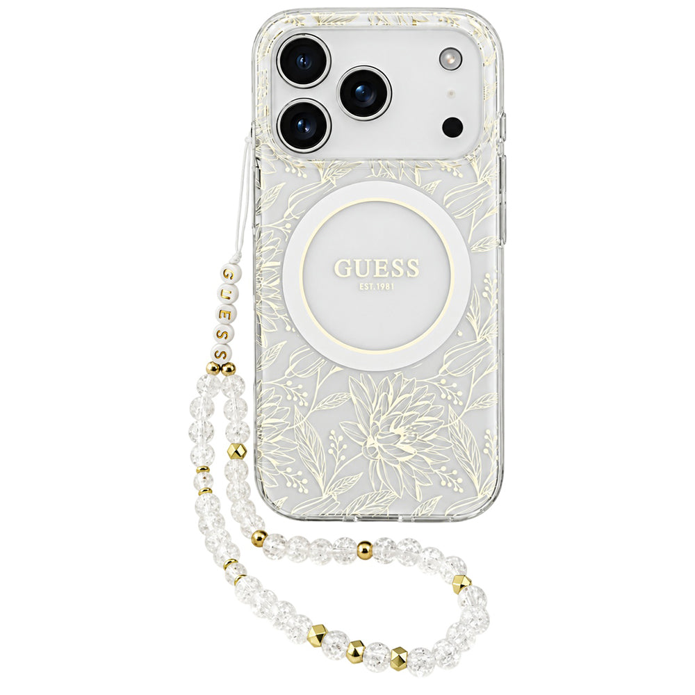 Husă Guess iPhone 17 Pro IML Flowers Electroplated + Pearl Strap, alb – imagine 1