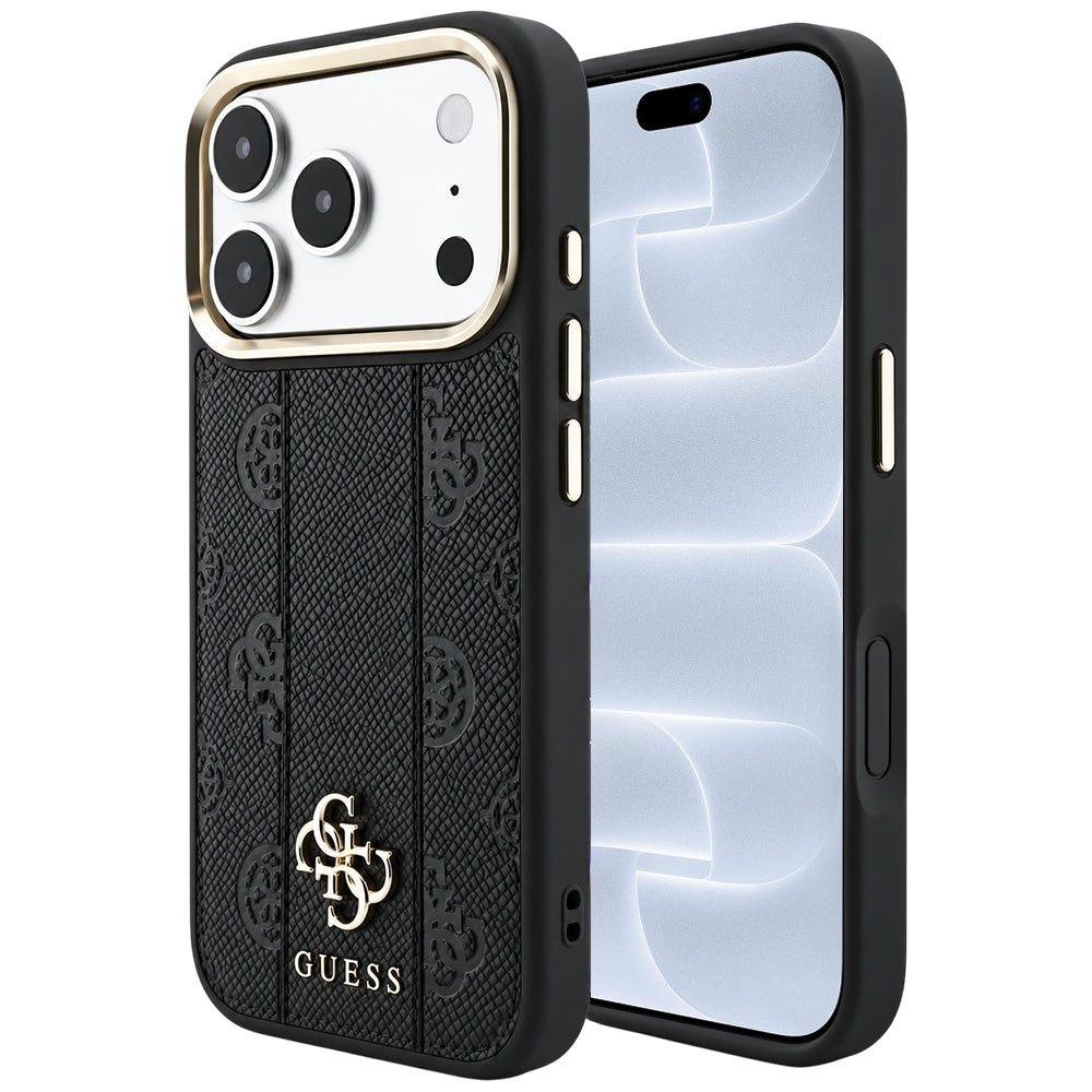 Husă Guess iPhone 17 Pro Leather Stripe Peony 4G MagSafe, negru – imagine 1