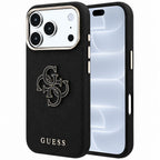Husă Guess iPhone 17 Pro Grained Leather and Big Resin Logo, negru – imagine 1