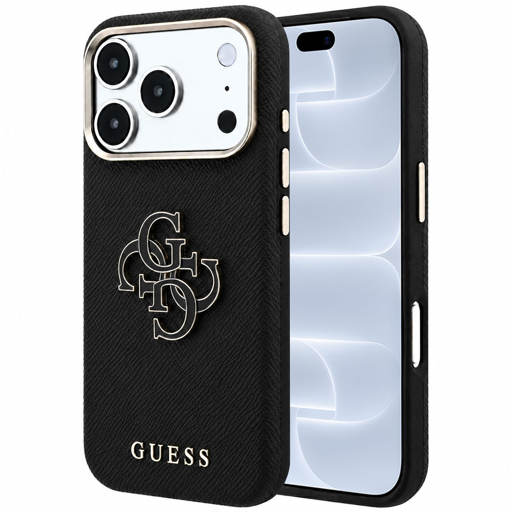 Husă Guess iPhone 17 Pro Grained Leather and Big Resin Logo, negru – imagine 1