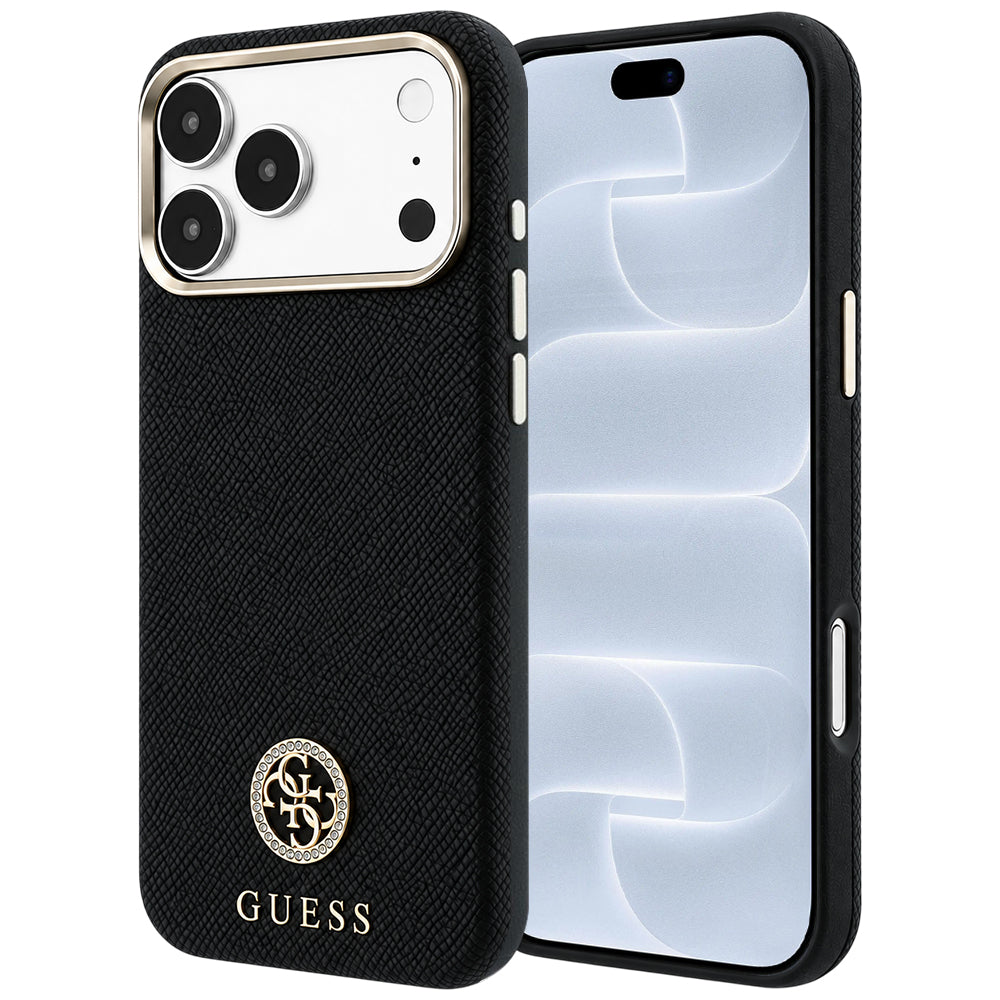Husă Guess iPhone 17 Pro Grained Leather Round Strass Logo, negru – imagine 1