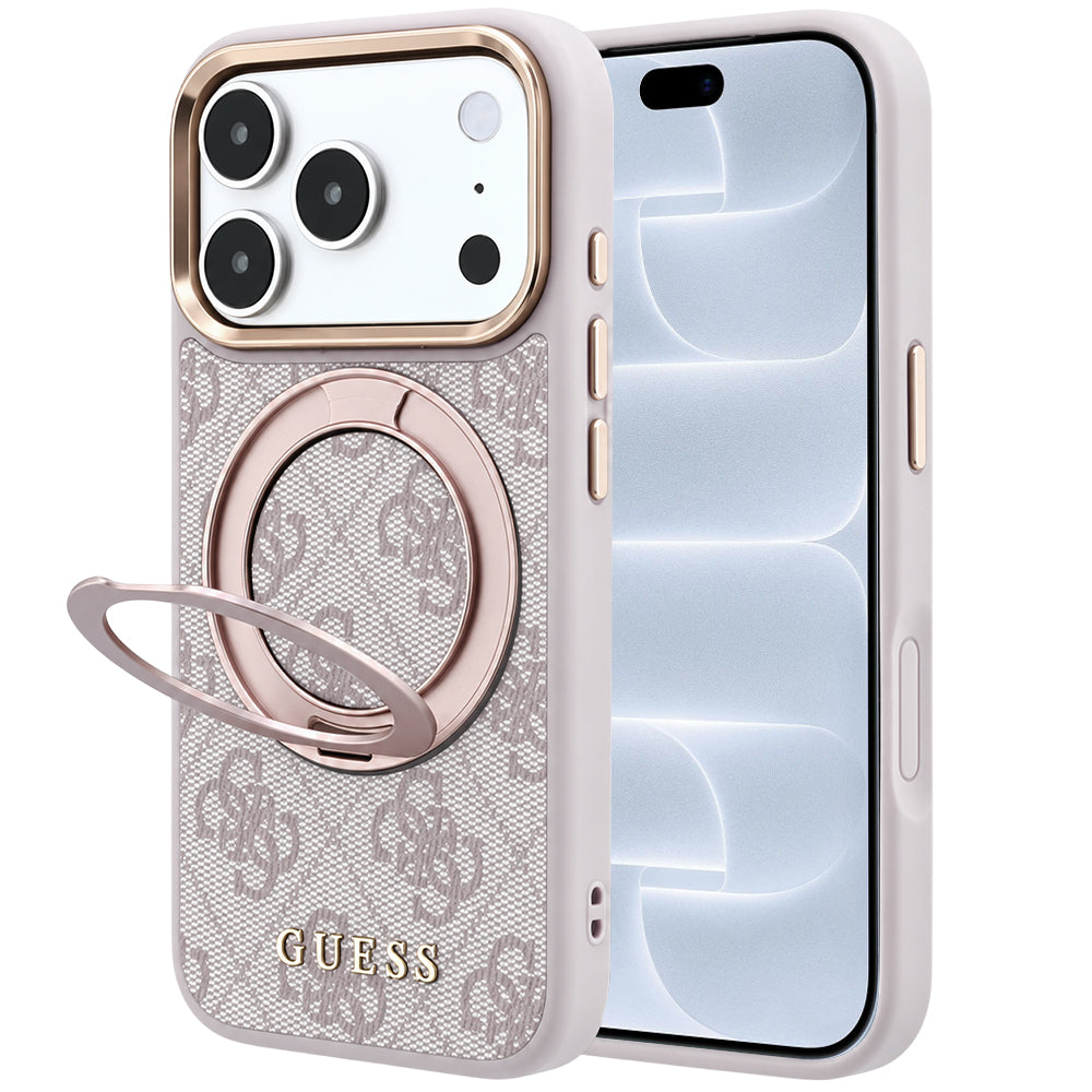 Husă Guess iPhone 17 Pro Ring Stand 360 4G Leather Classic Logo, roz – imagine 1