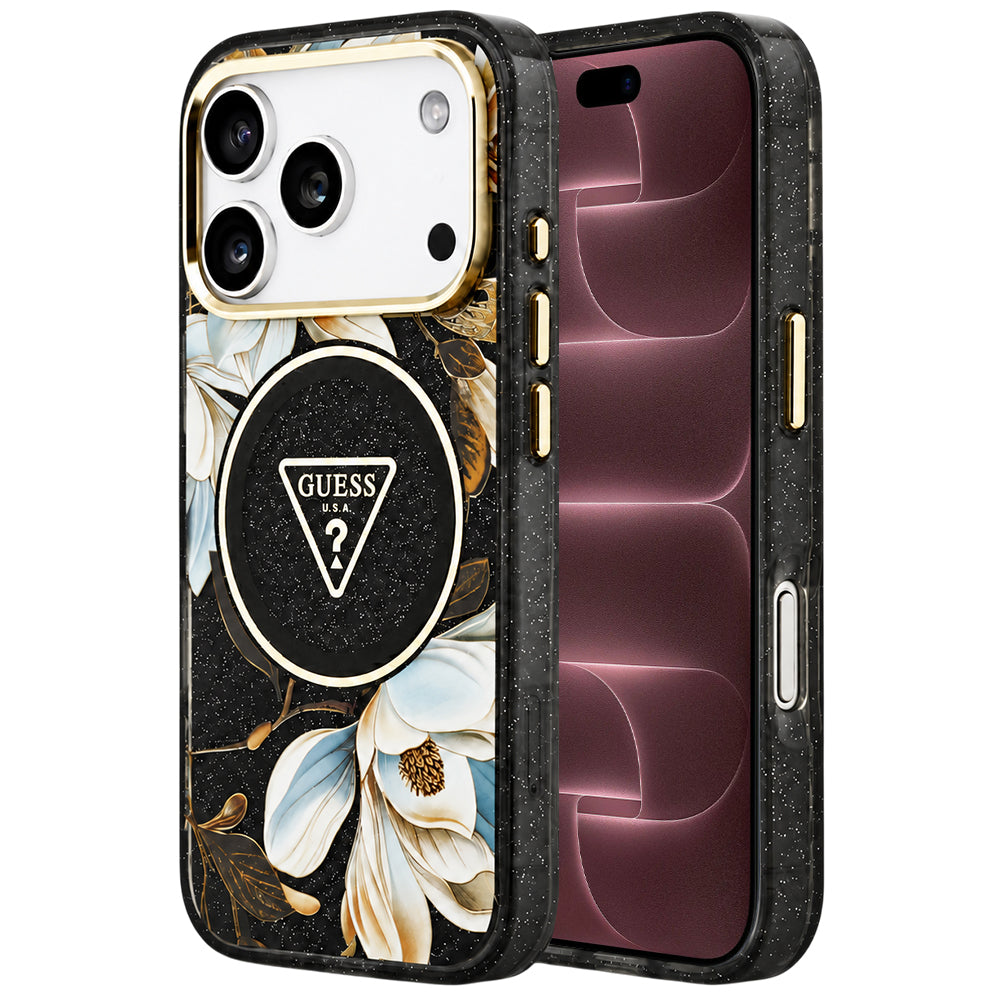 Husă Guess iPhone 17 Pro Max IML Metal Glitter Flowers Triangle, negru – imagine 1