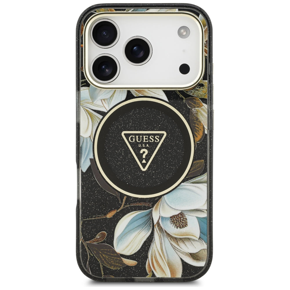 Husă Guess iPhone 17 Pro Max IML Metal Glitter Flowers Triangle, negru – imagine 3