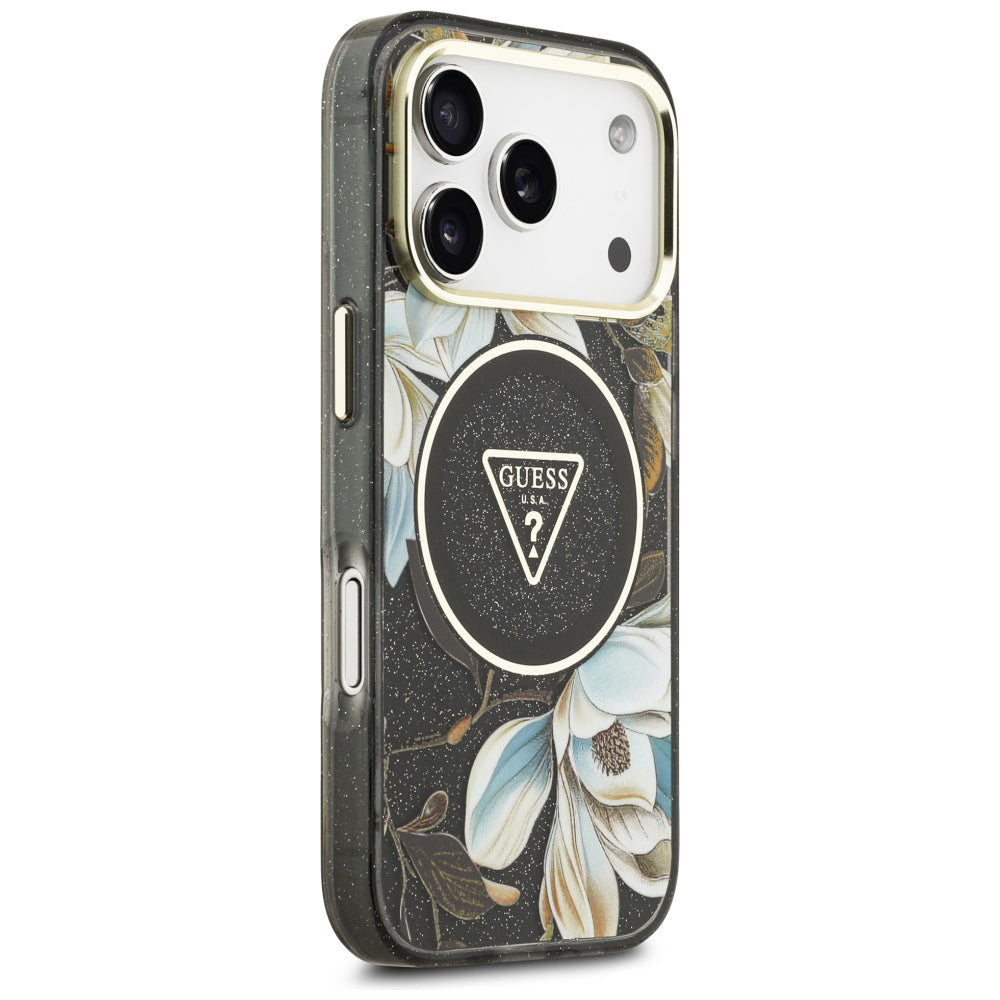 Husă Guess iPhone 17 Pro Max IML Metal Glitter Flowers Triangle, negru – imagine 4
