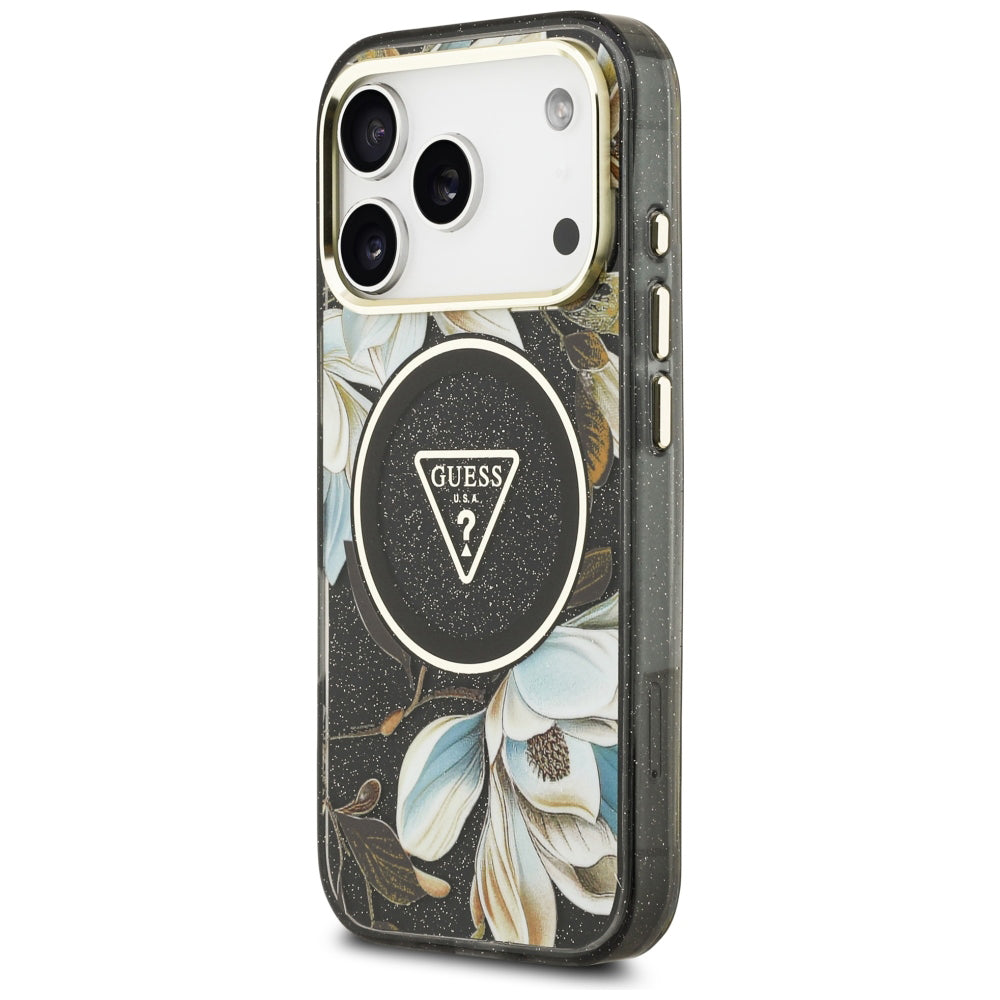 Husă Guess iPhone 17 Pro Max IML Metal Glitter Flowers Triangle, negru – imagine 2