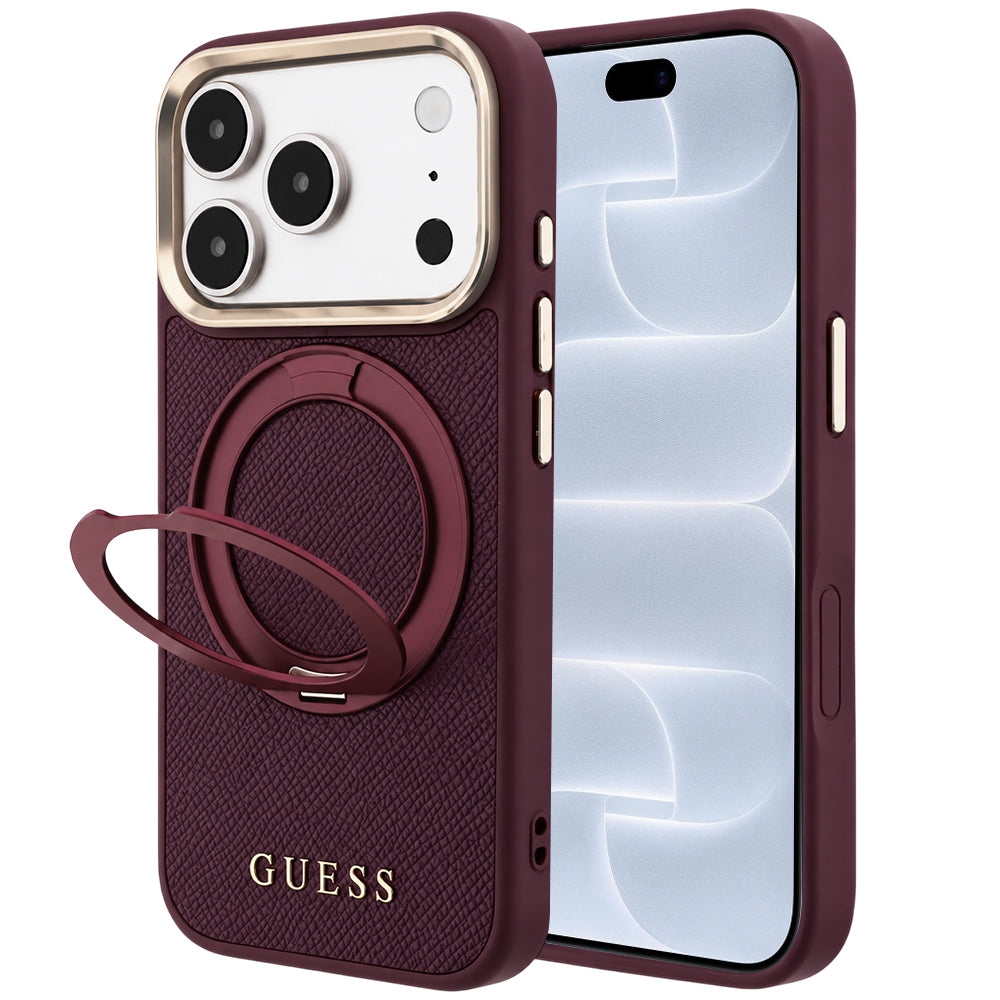 Husă Guess iPhone 17 Pro Grained Leather Ring Stand 360, vișiniu – imagine 1