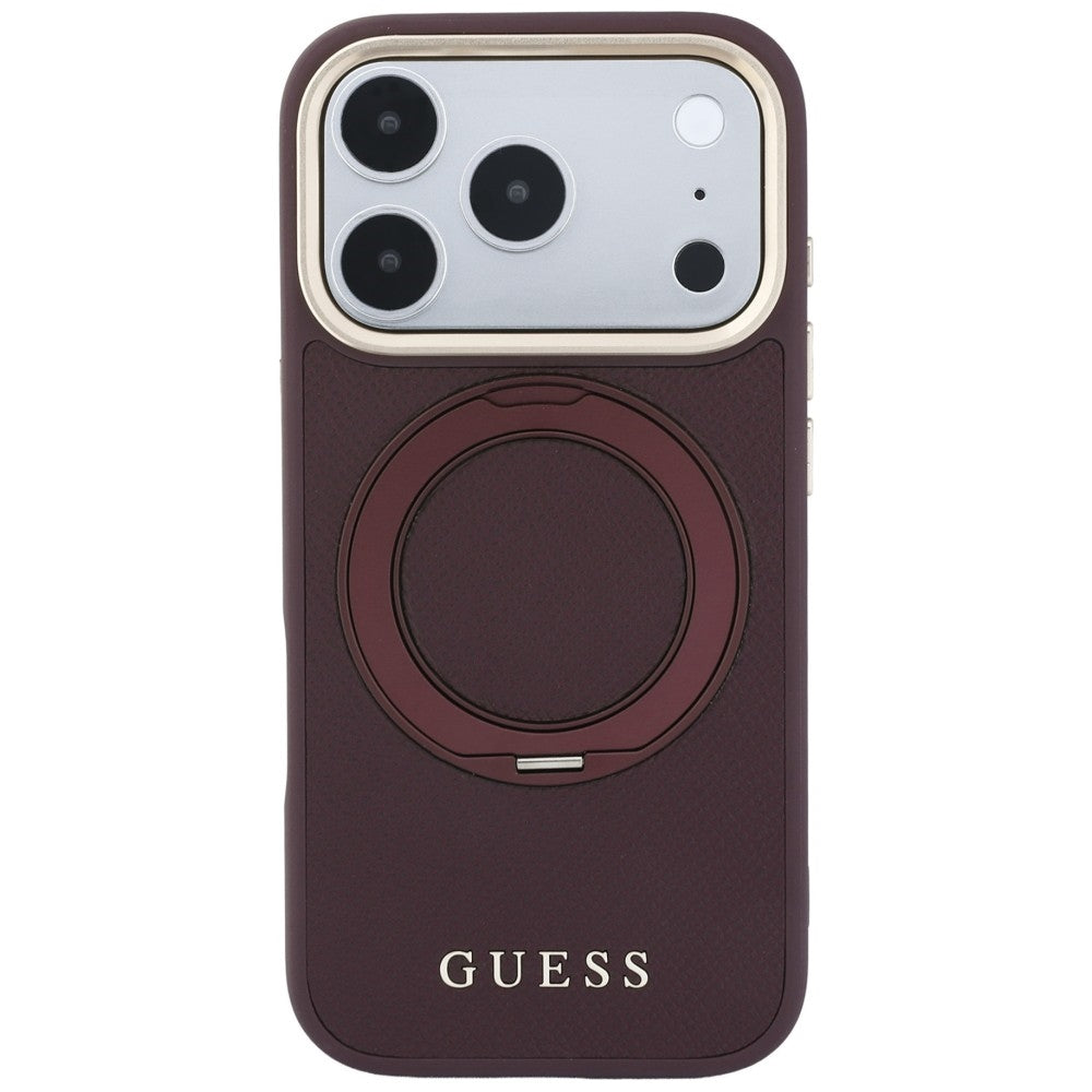 Husă Guess iPhone 17 Pro Grained Leather Ring Stand 360, vișiniu – imagine 3