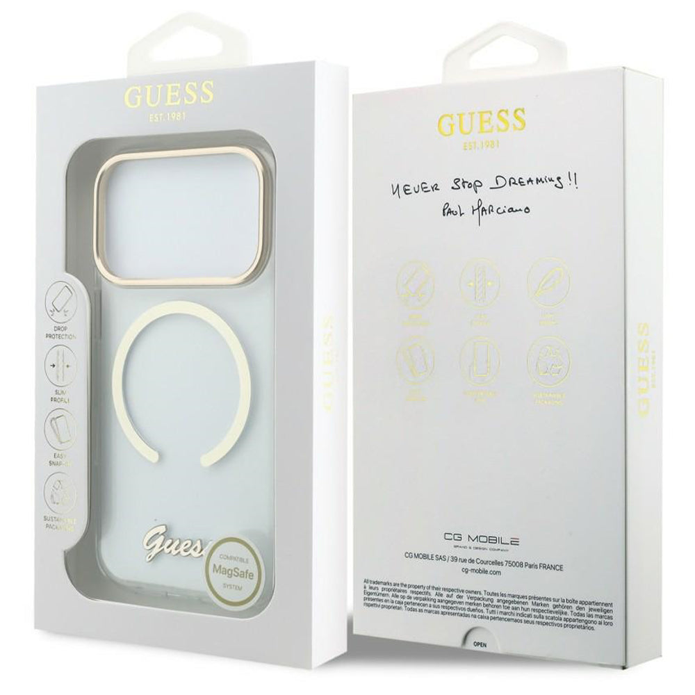 Husă Guess iPhone 17 Pro Max IML Script Metal MagSafe, transparent – imagine 7