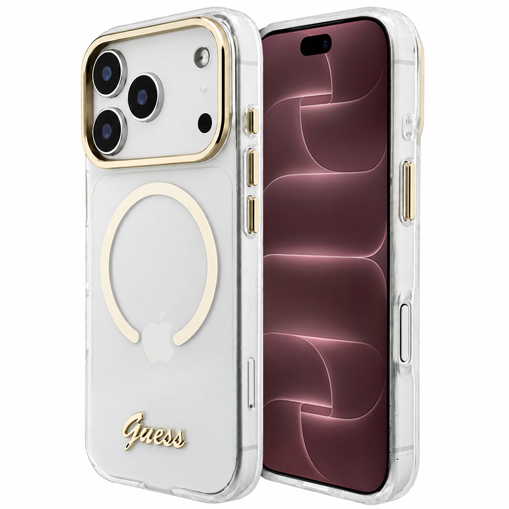 Husă Guess iPhone 17 Pro Max IML Script Metal MagSafe, transparent – imagine 1