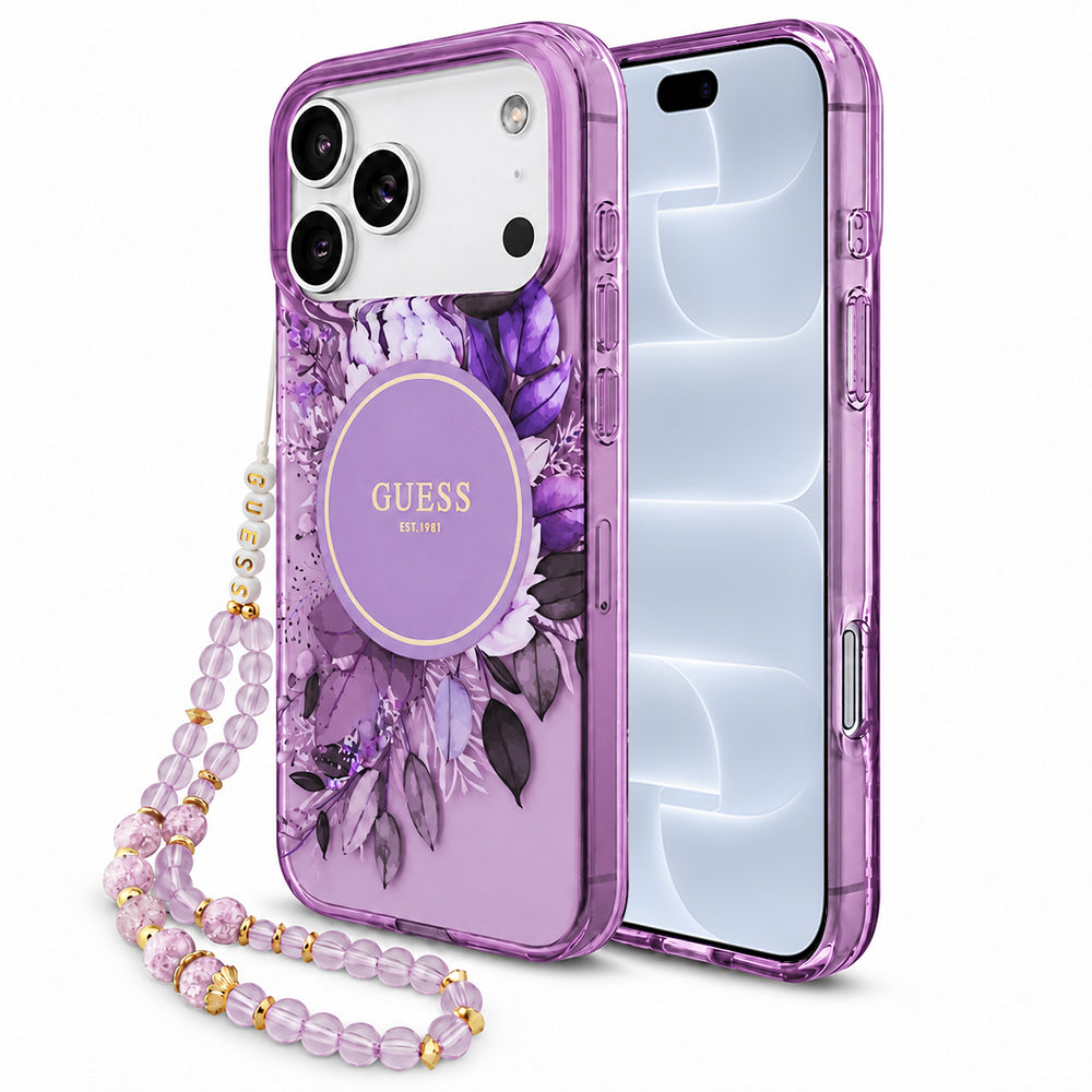 Husă Guess iPhone 17 Pro IML Flowers with Pearl Strap MagSafe, mov – imagine 1
