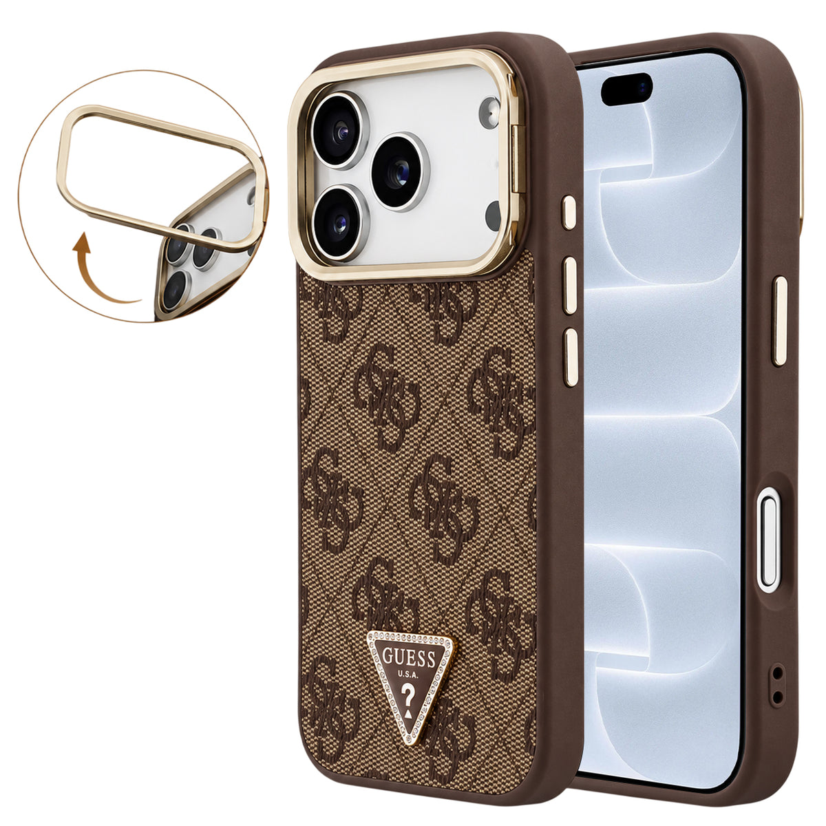 Husă Guess iPhone 17 Pro 4G Triangle Logo & Stand Camera MagSafe, maro – imagine 1