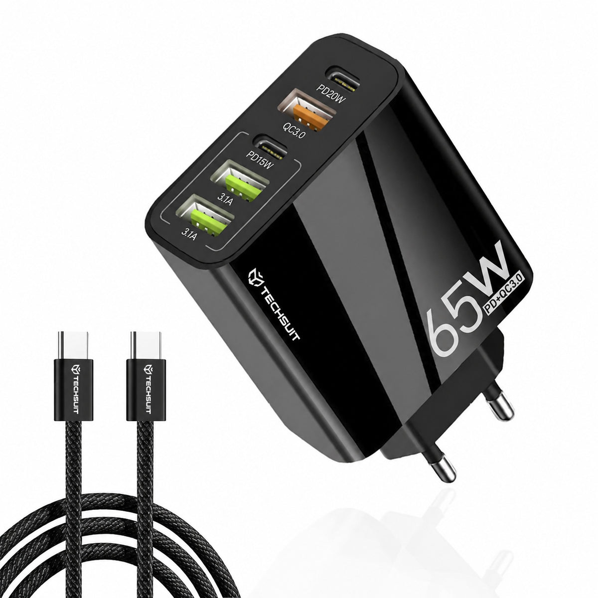 Încărcător priză 65W GaN, 5 porturi, cu cablu, negru – Techsuit CHC2 – imagine 1