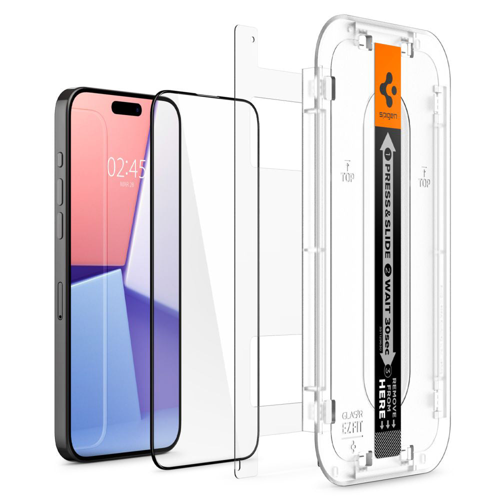 Folie de sticlă Spigen Glas.tR EZ Fit pentru iPhone 15 Pro – Ramă neagră – imagine 13