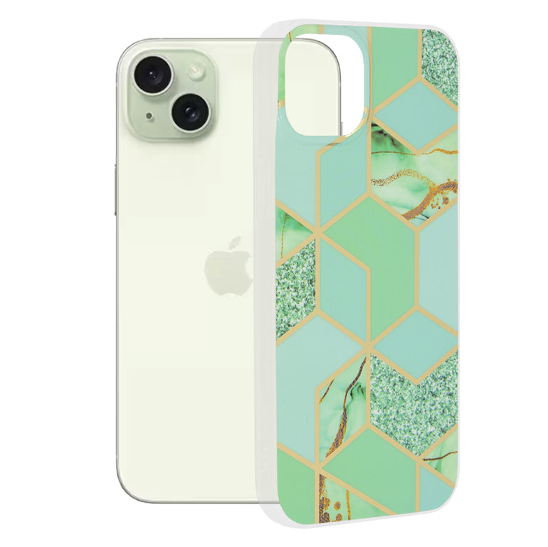 Husă iPhone 15 Plus Techsuit Marble, verde (model hexagonal) – imagine 1