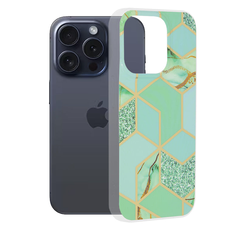 Husă iPhone 15 Pro Techsuit Marble, verde (model hexagonal) – imagine 1