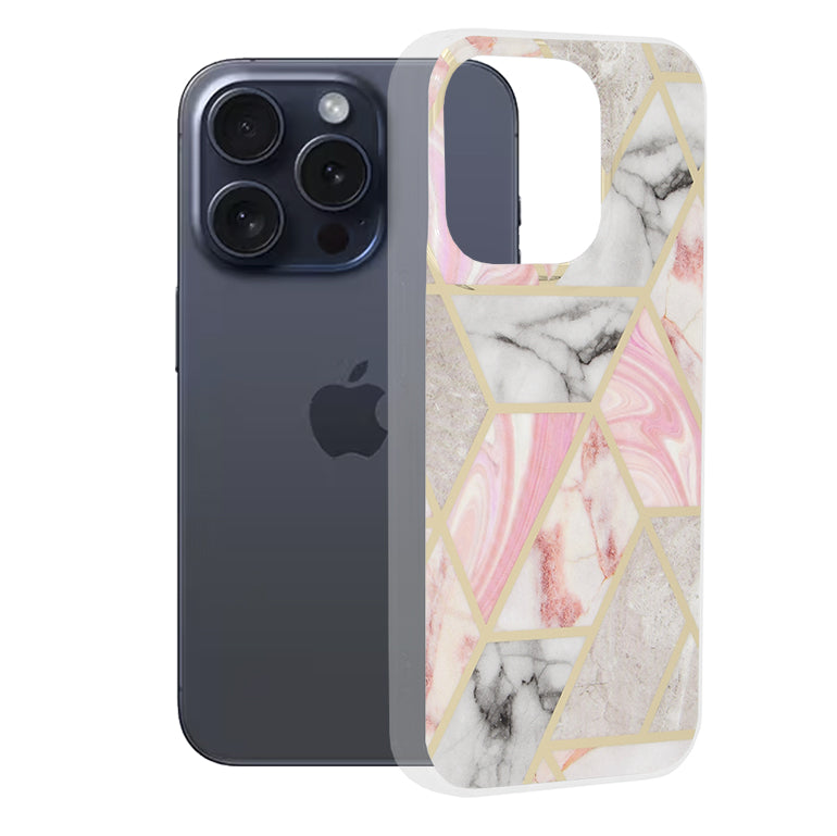 Husă iPhone 15 Pro Techsuit Marble, roz (model hexagonal) – imagine 1
