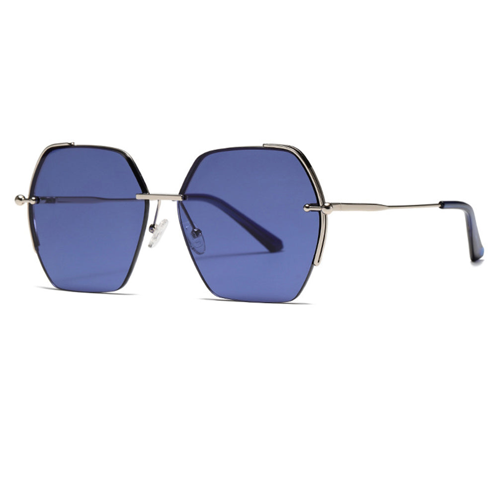 Ochelari de soare hexagonali femei, ramă metalică, UV – Techsuit 8561 – Argintiu / albastru – imagine 3