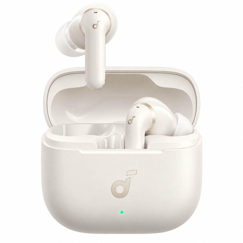 Anker Soundcore P42i albe, cu carcasa deschisă și o cască ridicată