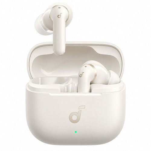 Anker Soundcore P42i albe, cu carcasa deschisă și o cască ridicată