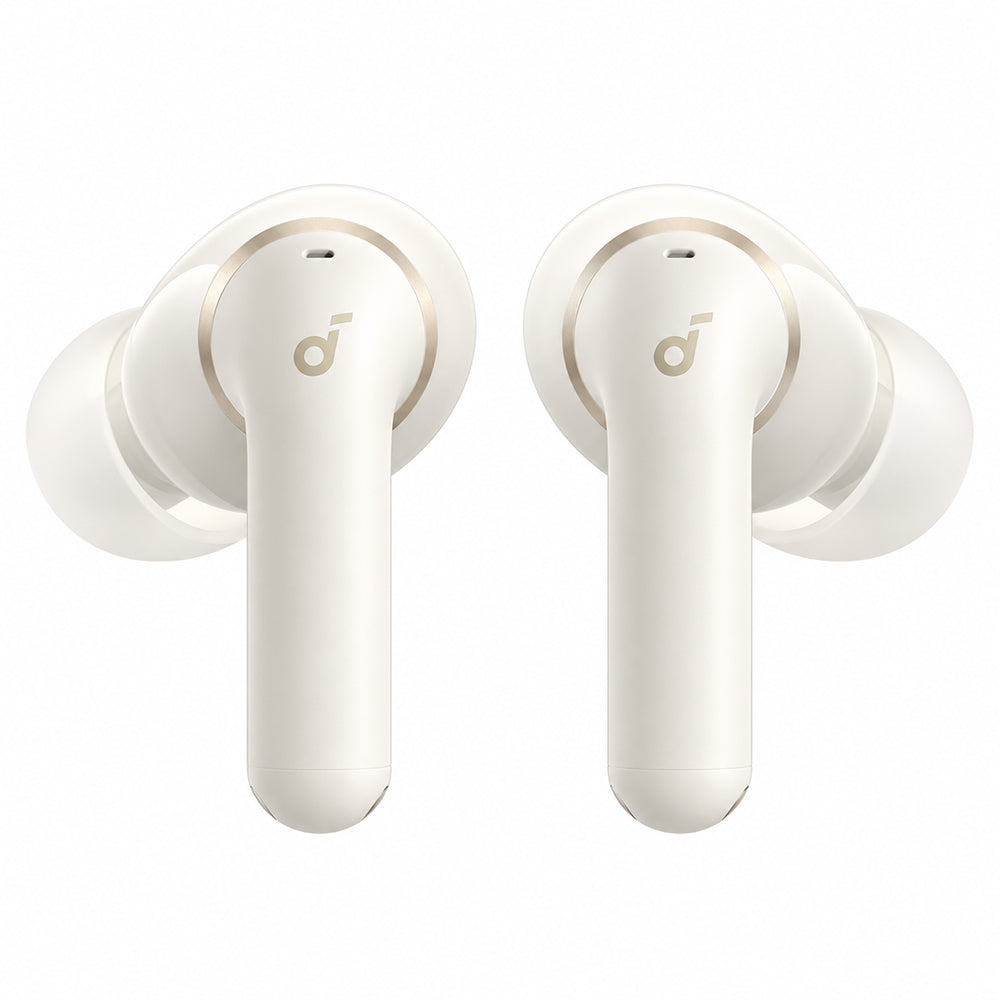 Căști Soundcore P42i albe, detaliu frontal cu accente aurii