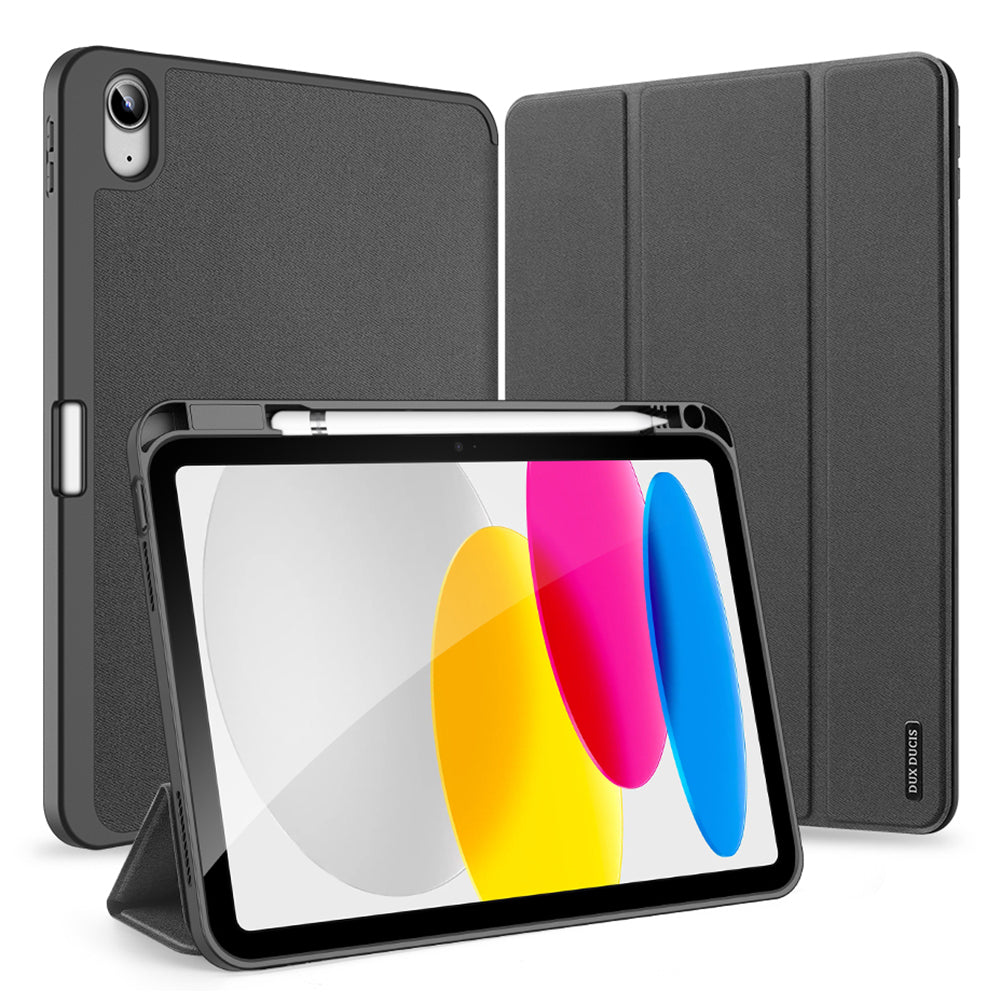 Husă Dux Ducis Domo neagră pentru iPad 10 2022 și iPad 11 2025, vedere față, spate și stand