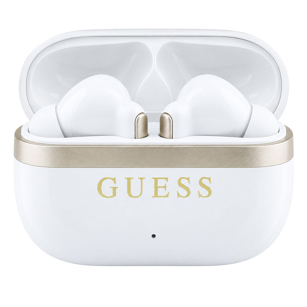 Carcasa GUESS Glossy Gold Line albă deschisă, cu cele două căști în interior