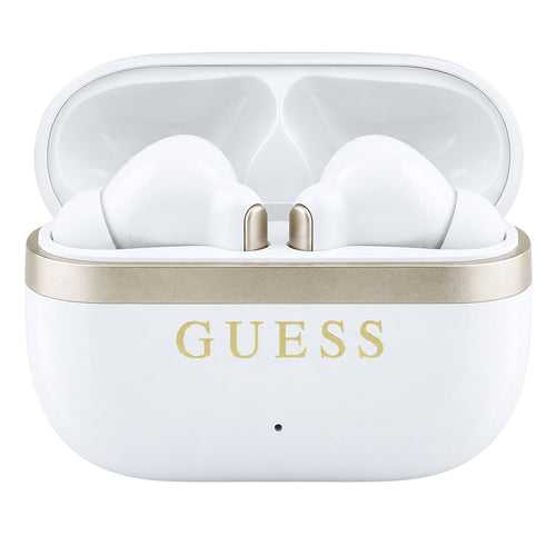 Carcasa GUESS Glossy Gold Line albă deschisă, cu cele două căști în interior