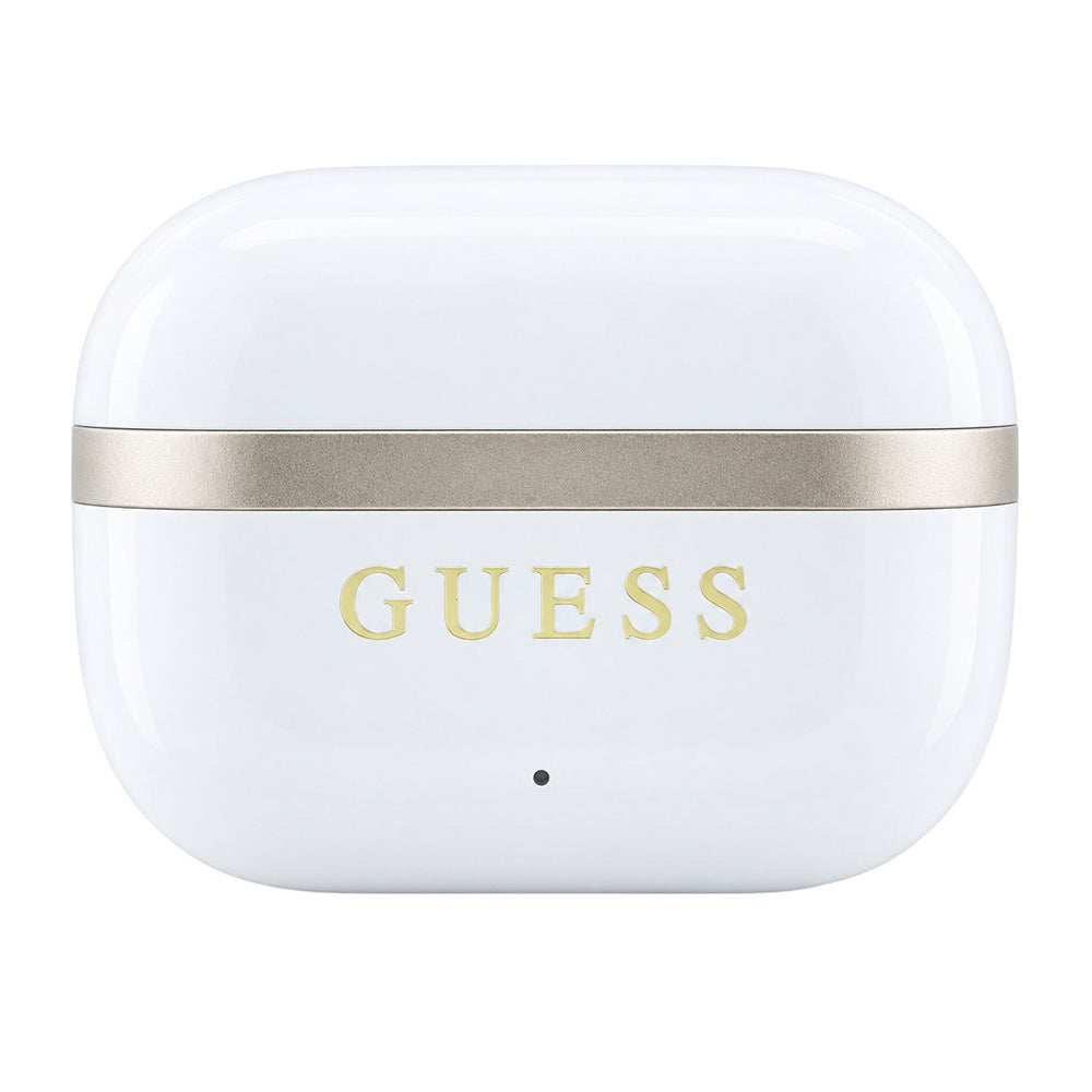 Carcasa albă GUESS Glossy Gold Line închisă, logo frontal și linie aurie