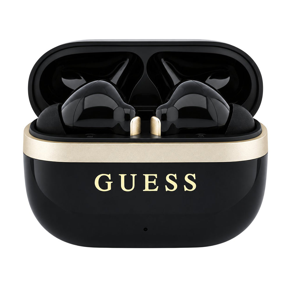 Carcasa GUESS Glossy Gold Line neagră deschisă, cu căștile în interior