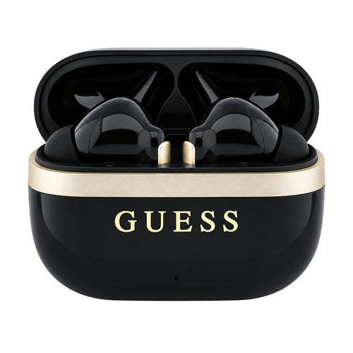 Carcasa GUESS Glossy Gold Line neagră deschisă, cu căștile în interior