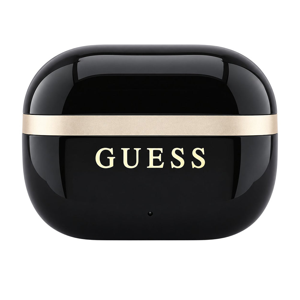Carcasa GUESS Glossy Gold Line neagră închisă, cu logo frontal