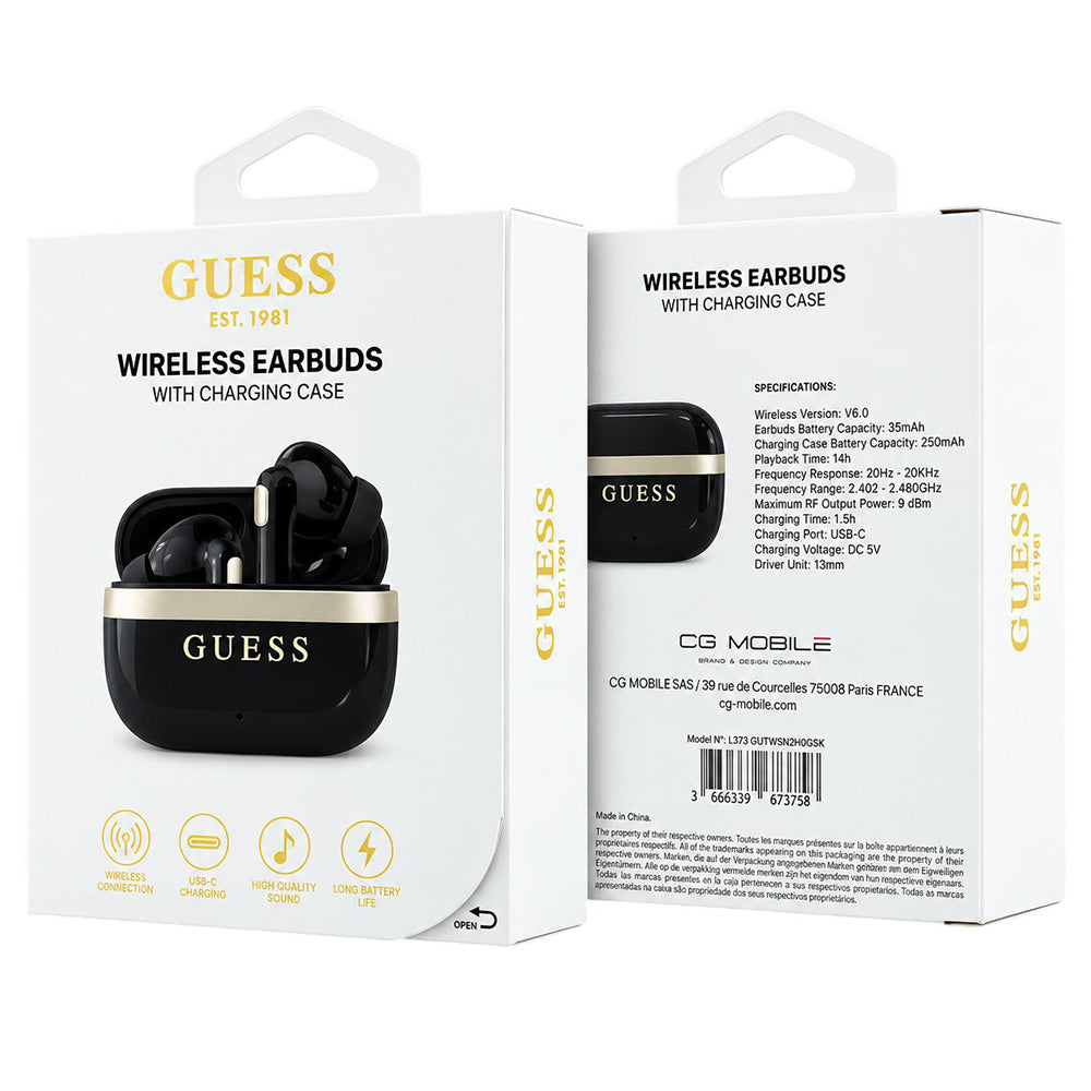 Ambalaj GUESS Glossy Gold Line negru, model GUTWSN2HGGSK și EAN 3666339673758