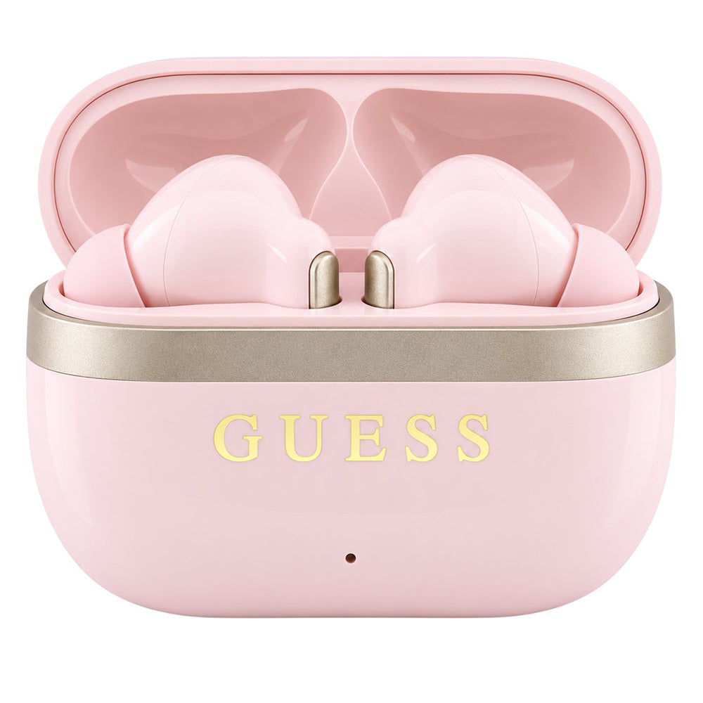 Carcasa GUESS Glossy Gold Line roz deschisă, cu cele două căști în interior