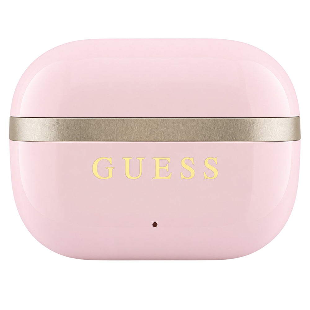 Carcasa GUESS Glossy Gold Line roz închisă, cu logo frontal și linie aurie